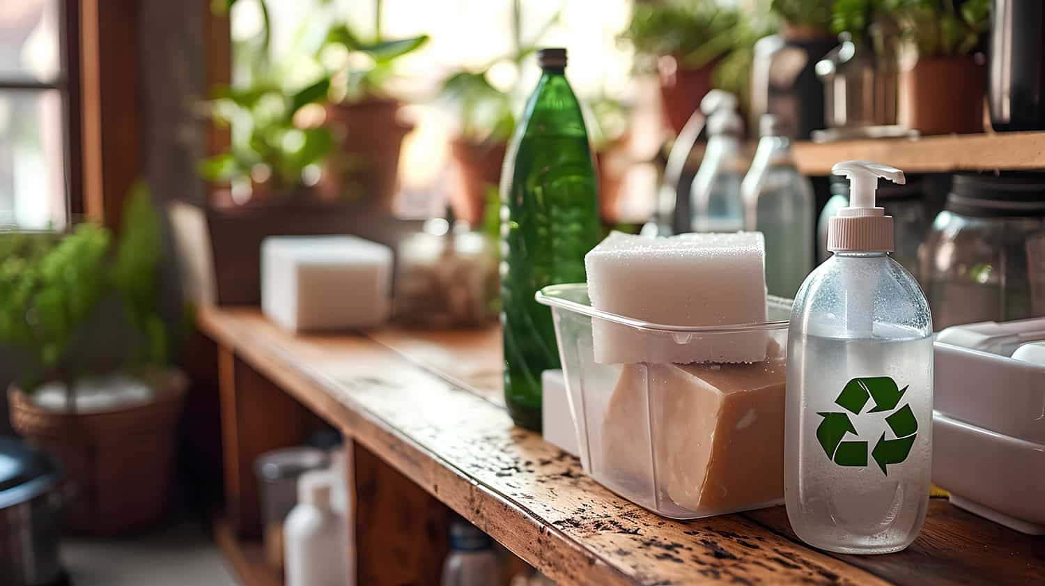 Eco-friendly soap or detergent featuring a prominent recycling symbol