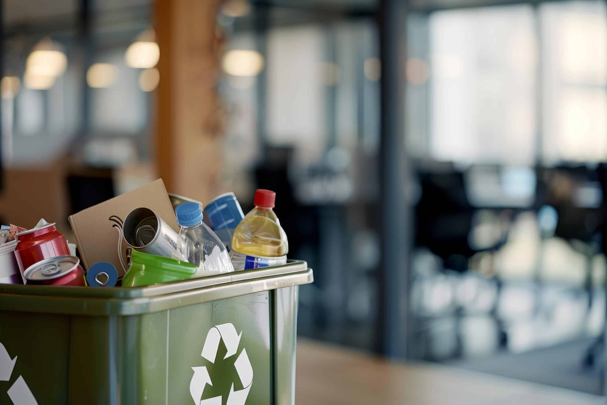 A green recycling bin in office