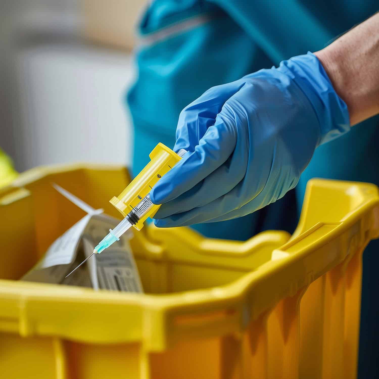 Syringes being disposed of in sharps bin in medical centre