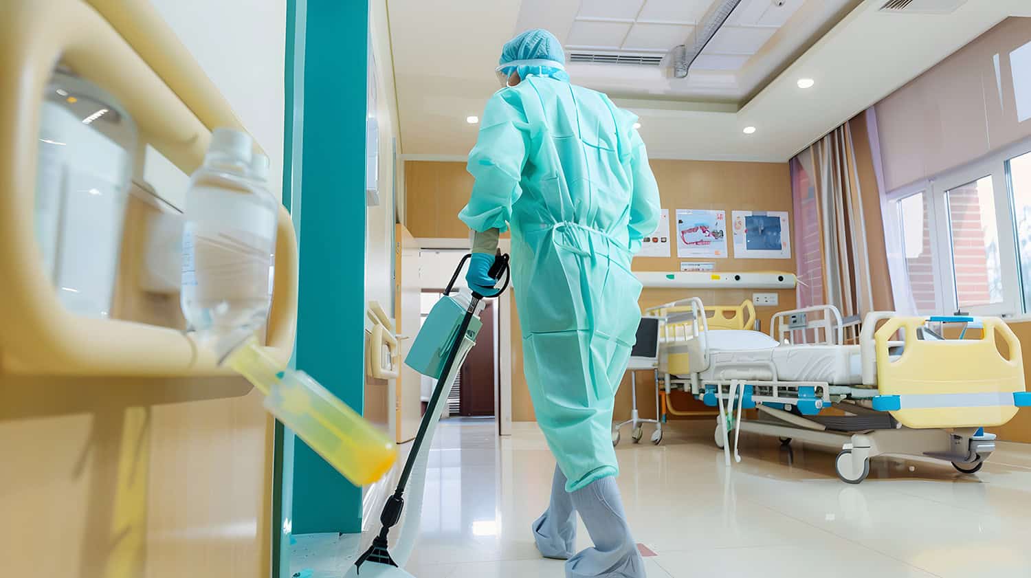 cleaner disinfecting and sanitising a medical space