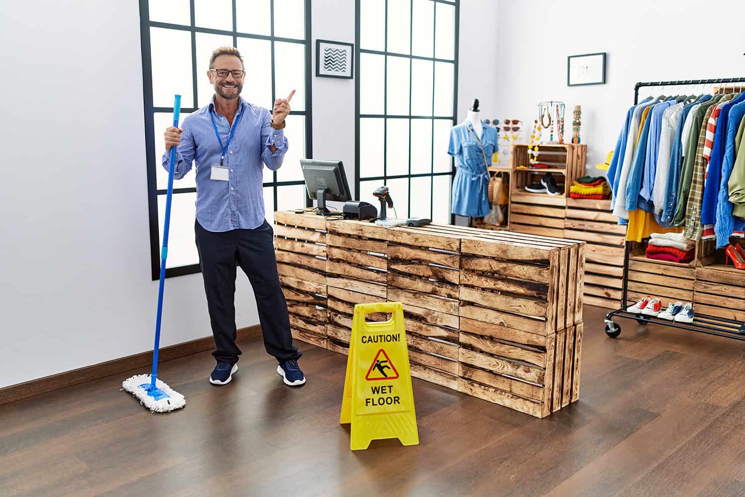 Man mopping small retail store next to 'wet floor' warning sign