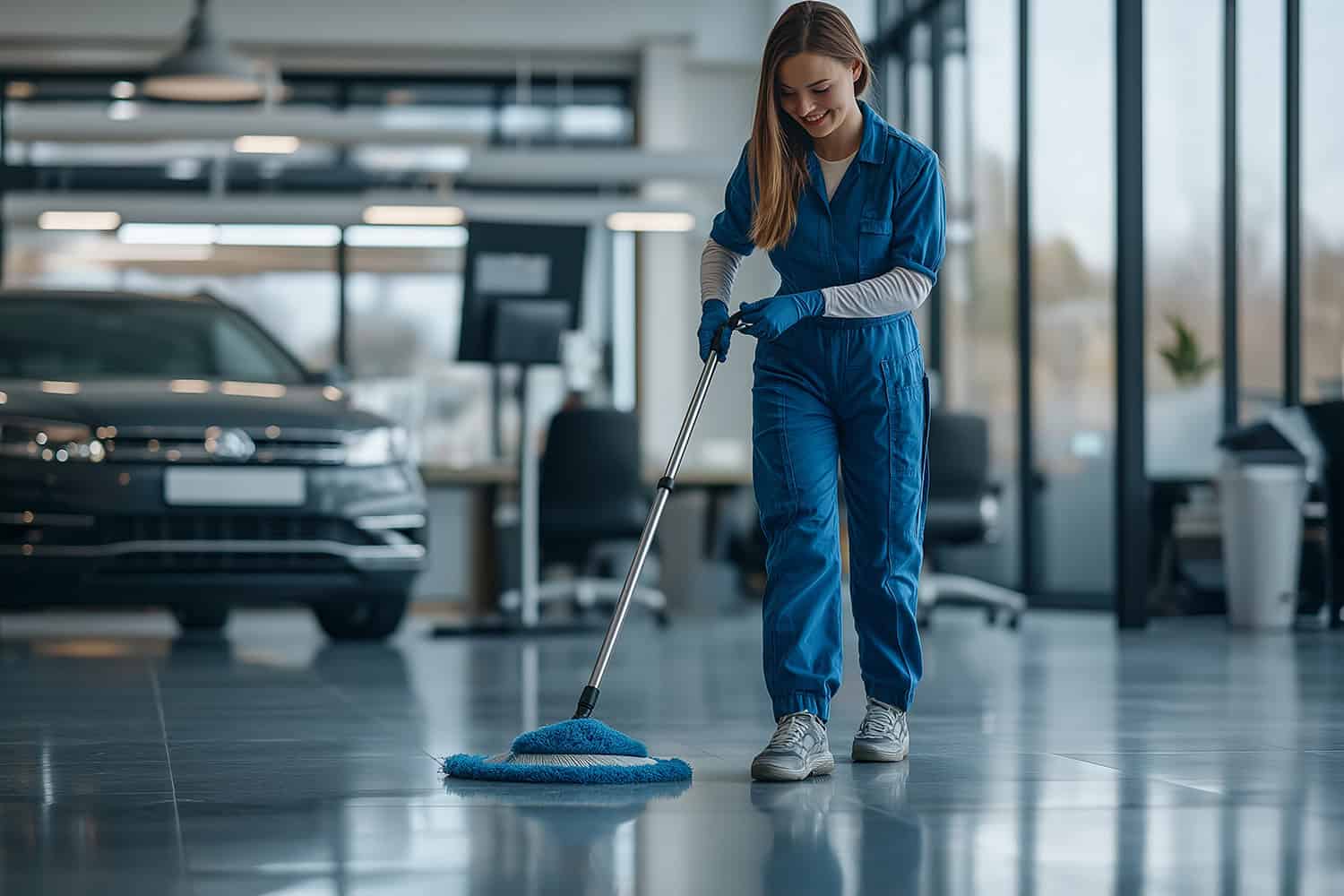 Female cleaner mopping showroom floor with grey Volkswagen in the background