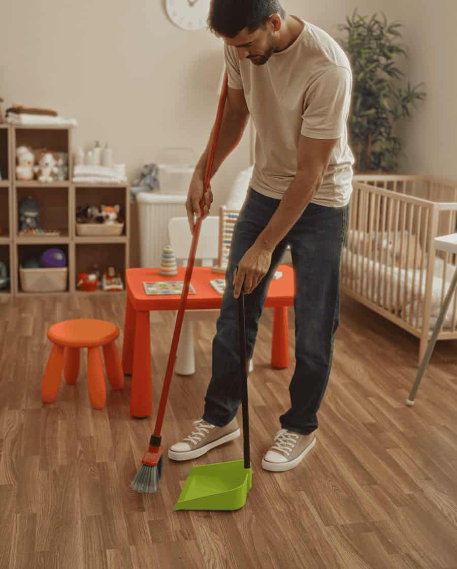 A picture of man doing a cleaning services specifically cleaning and sweeping in a baby's room.